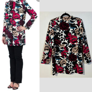 Adrianna Papell Duster Jacket Women’s Size 6 Red White Floral Print Front Zipper